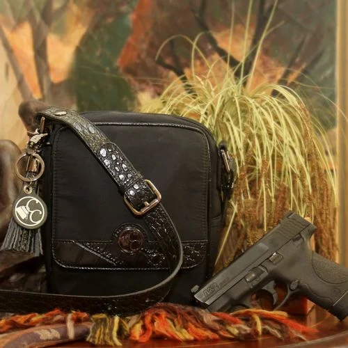 Concealed Carrie Microfiber Black Crocodile Crossbody Compact