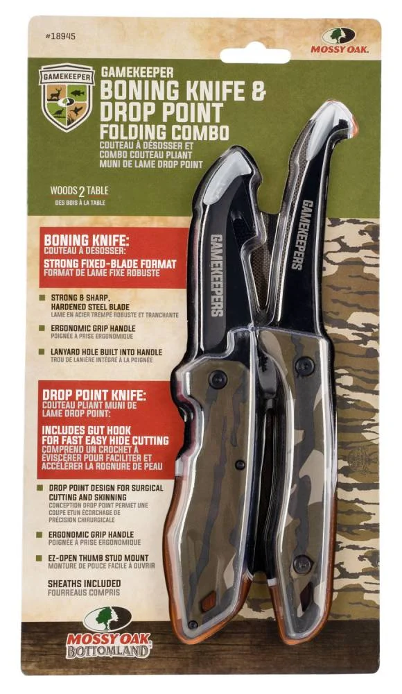 Allen 18945 Mossy Oak Gamekeeper Field Dressing Knife Combo 4" Clip Point/Drop Point Plain/Gut Hook Black Stainless Steel, Mossy Oak Original Bottomland Handle Boning/Folding