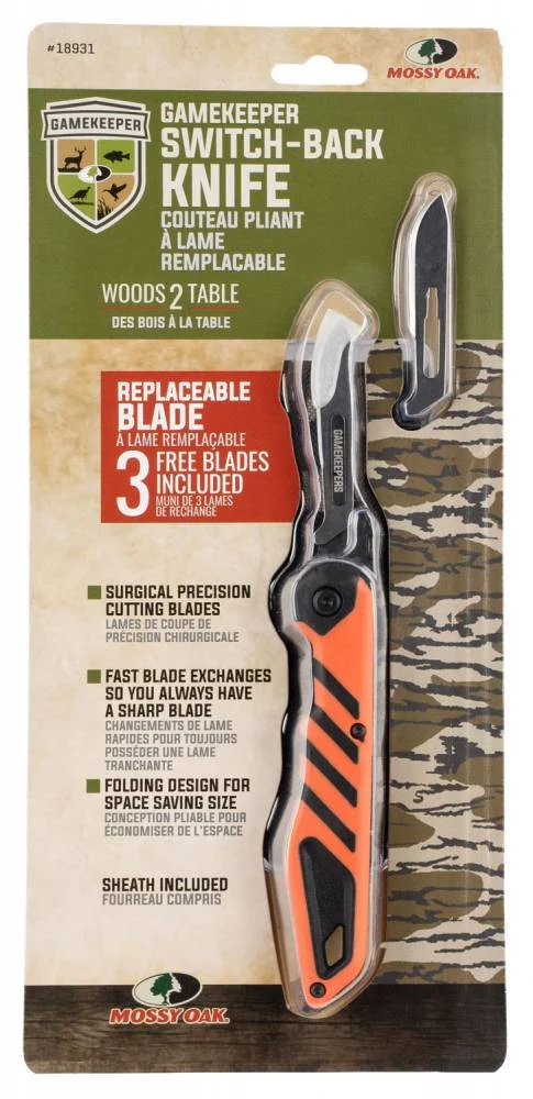 Allen 18931 Mossy Oak Gamekeeper Switchback 5.50" Drop Point Plain 60A Stainless Steel, Black/Orange Handle Folding