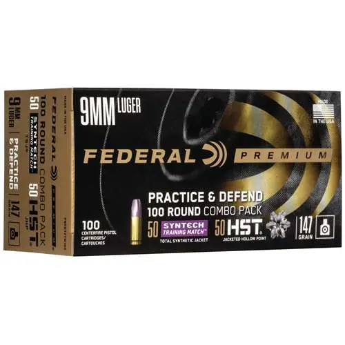 Federal P9HST2TM100 Practice & Defend 100 round Combo Pack9mm Luger 147 gr,50HST/ 50Synthetic
