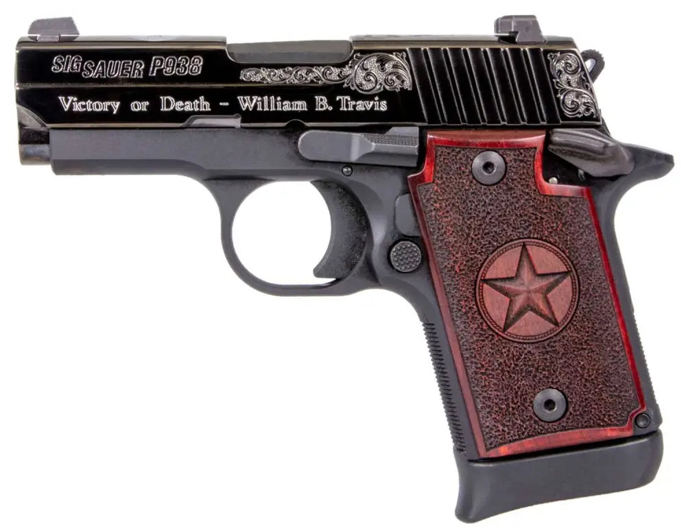 Sig Sauer 9389TXSAMBI P938 Texas Engraved SAO 9mm 6+1 Pistol, Stainless Frame, Redwood Grip, Night Sights