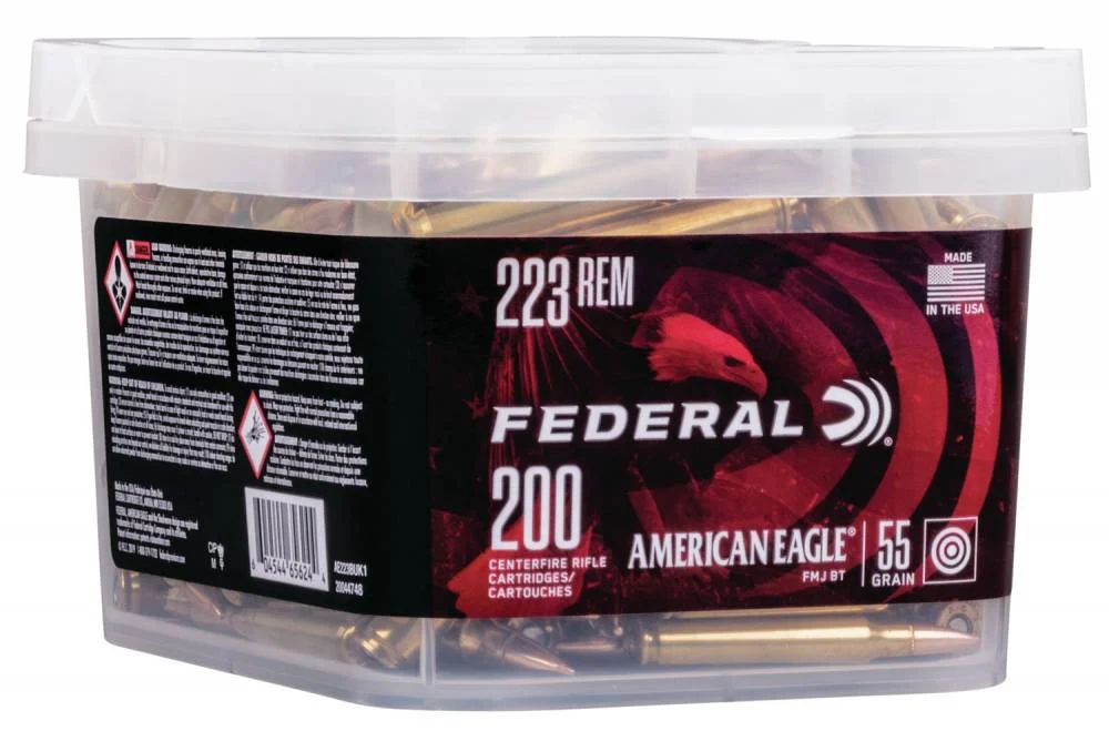 Federal AE223BUK1 American Eagle223 Rem 55 gr Full Metal Jacket Boat Tail (FMJBT) 200 Bx/ 4 Cs (Bucket)