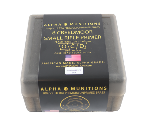 Alpha Munitions: 6 Creedmoor, Small Rifle Primer, 100/Box