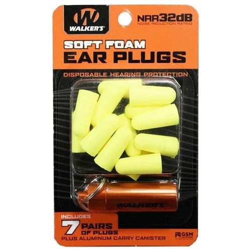 Walker's Soft Foam Ear Plugs (NRR 32dB) with Aluminum Carry Canister Package of 7 Pairs