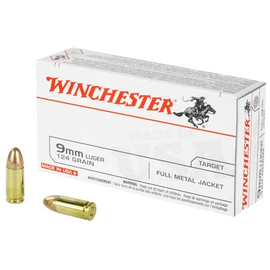 Winchester USA Pistol Ammo 9mm Luger 124 gr. FMJ 50 rd.