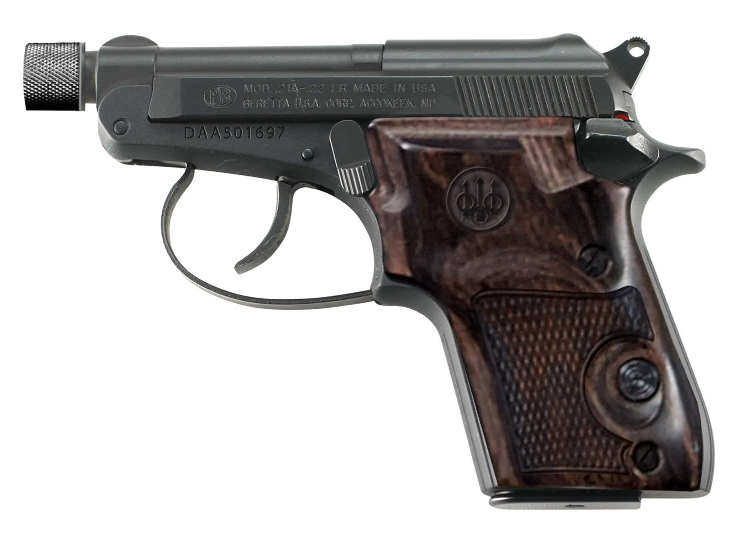 Beretta J212125 21A .22 LR 7+1 Pistol: Black Bruniton Steel Slide, Walnut Grip, Tip-Up Barrel, Threaded for Suppressor