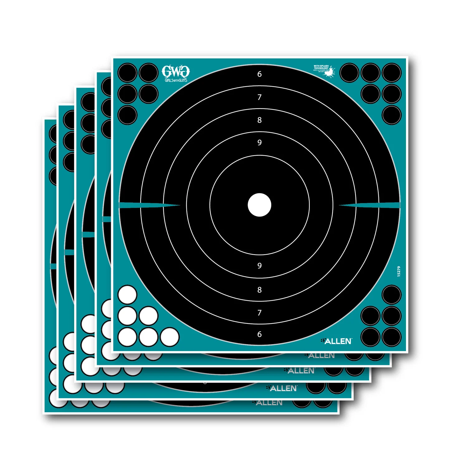 Girls With Guns 15279 SplashSelf-Adhesive Paper 12" x 12" Bullseye Black Target w/Turquoise Background 5 Per Pack